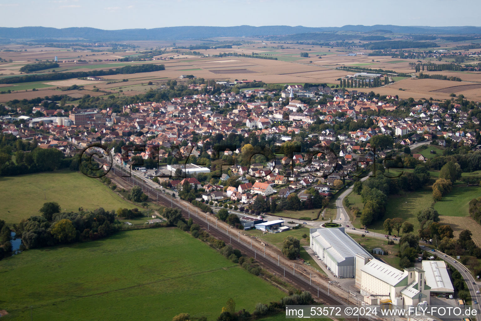 Schwindratzheim in the state Bas-Rhin, France from above