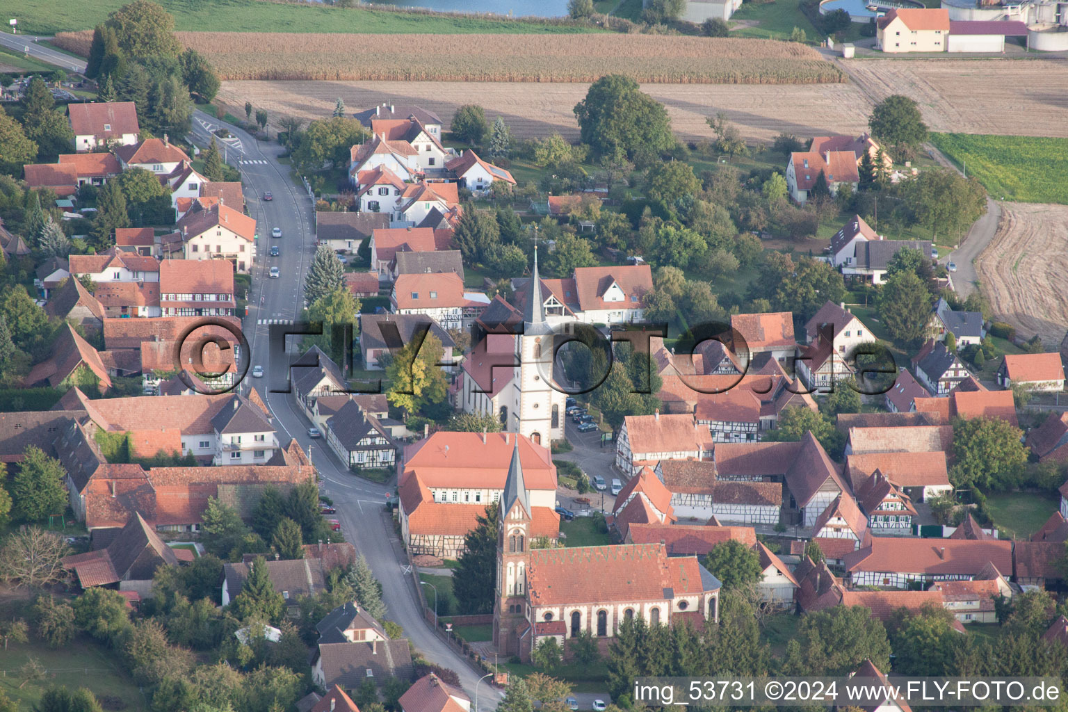 Aerial photograpy of Kutzenhausen in the state Bas-Rhin, France