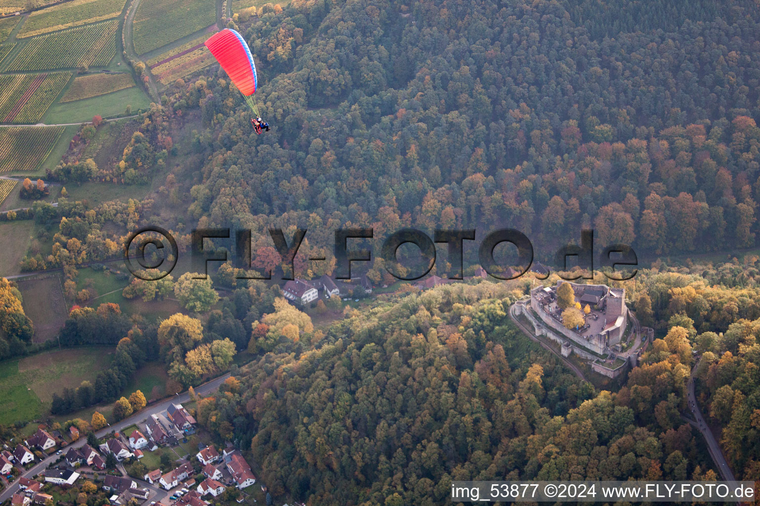Landeck Castle with paragliders in Klingenmünster in the state Rhineland-Palatinate, Germany