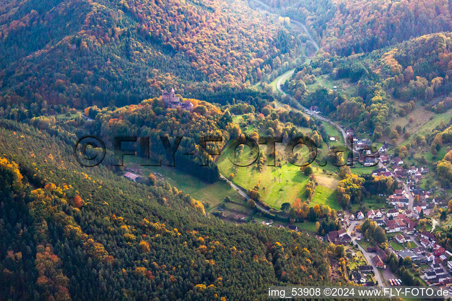 Bird's eye view of Berwartstein Castle in Erlenbach bei Dahn in the state Rhineland-Palatinate, Germany