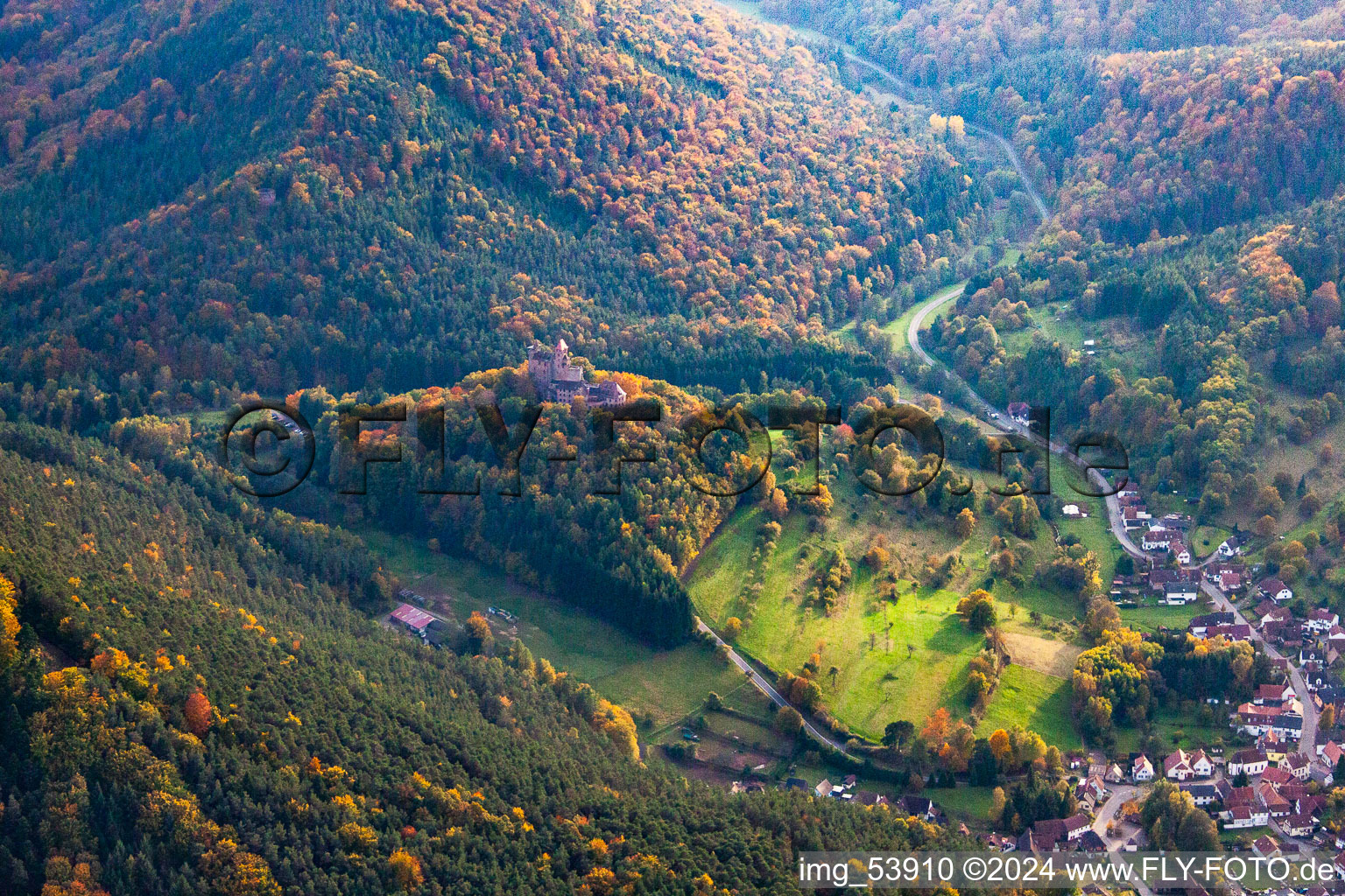 Berwartstein Castle in Erlenbach bei Dahn in the state Rhineland-Palatinate, Germany viewn from the air