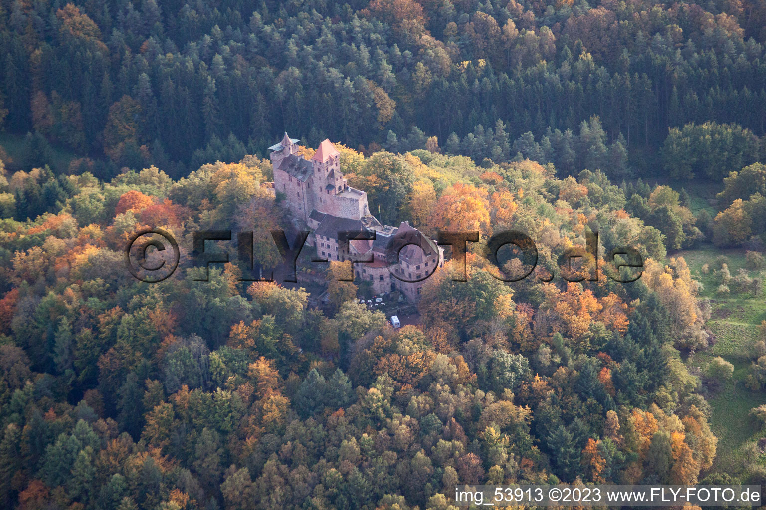 Drone image of Berwartstein Castle in Erlenbach bei Dahn in the state Rhineland-Palatinate, Germany