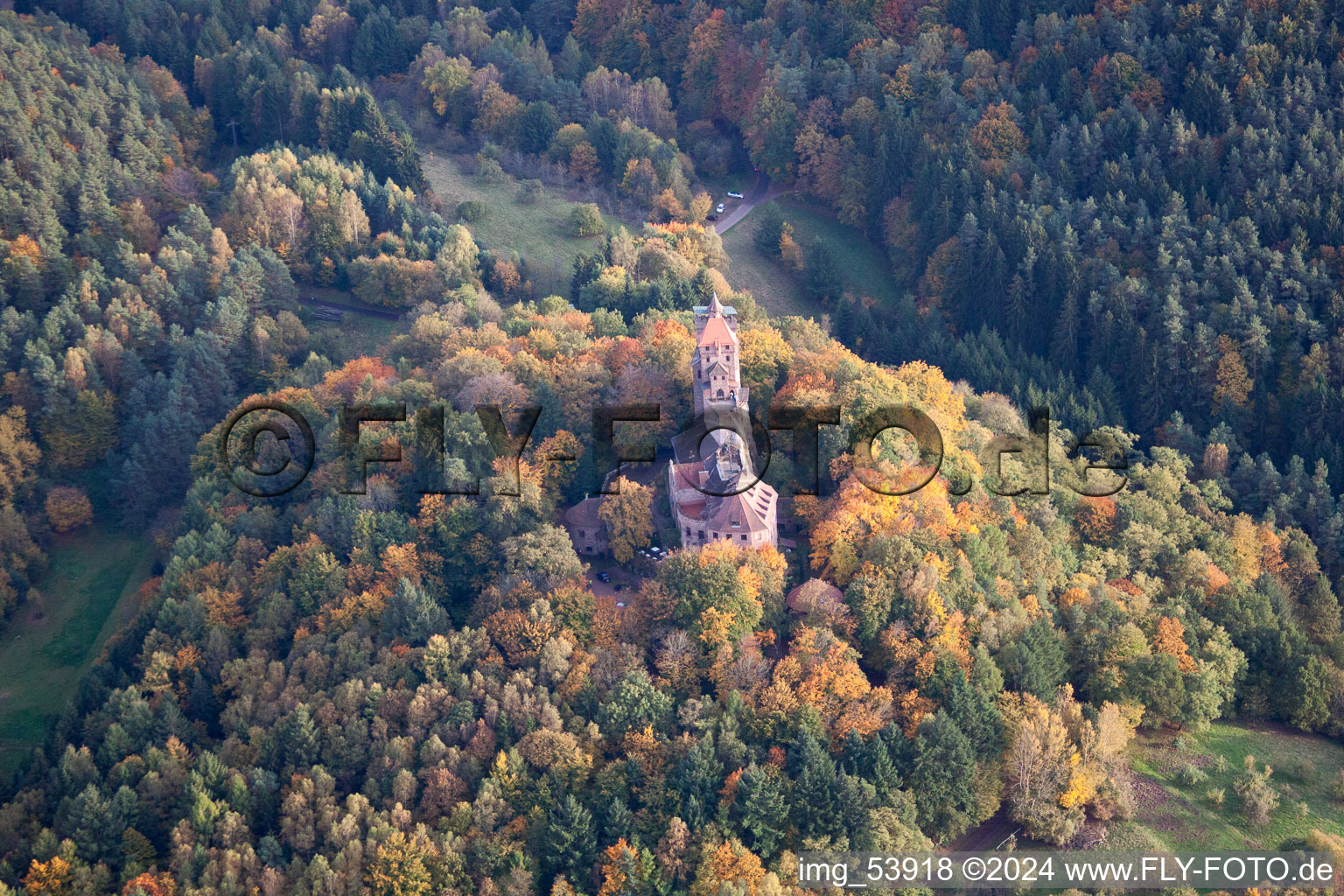 Berwartstein Castle in Erlenbach bei Dahn in the state Rhineland-Palatinate, Germany from the drone perspective