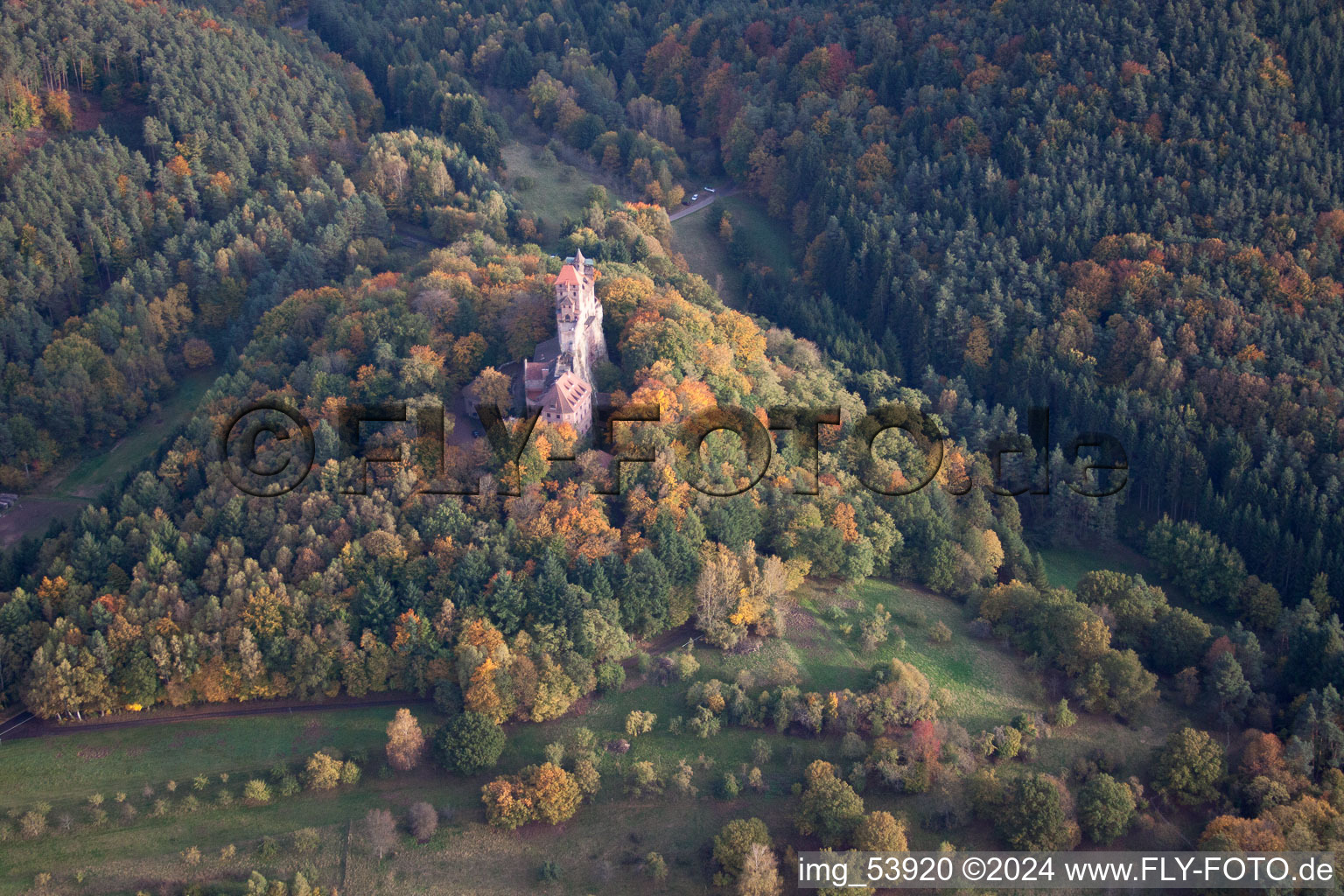 Berwartstein Castle in Erlenbach bei Dahn in the state Rhineland-Palatinate, Germany from a drone