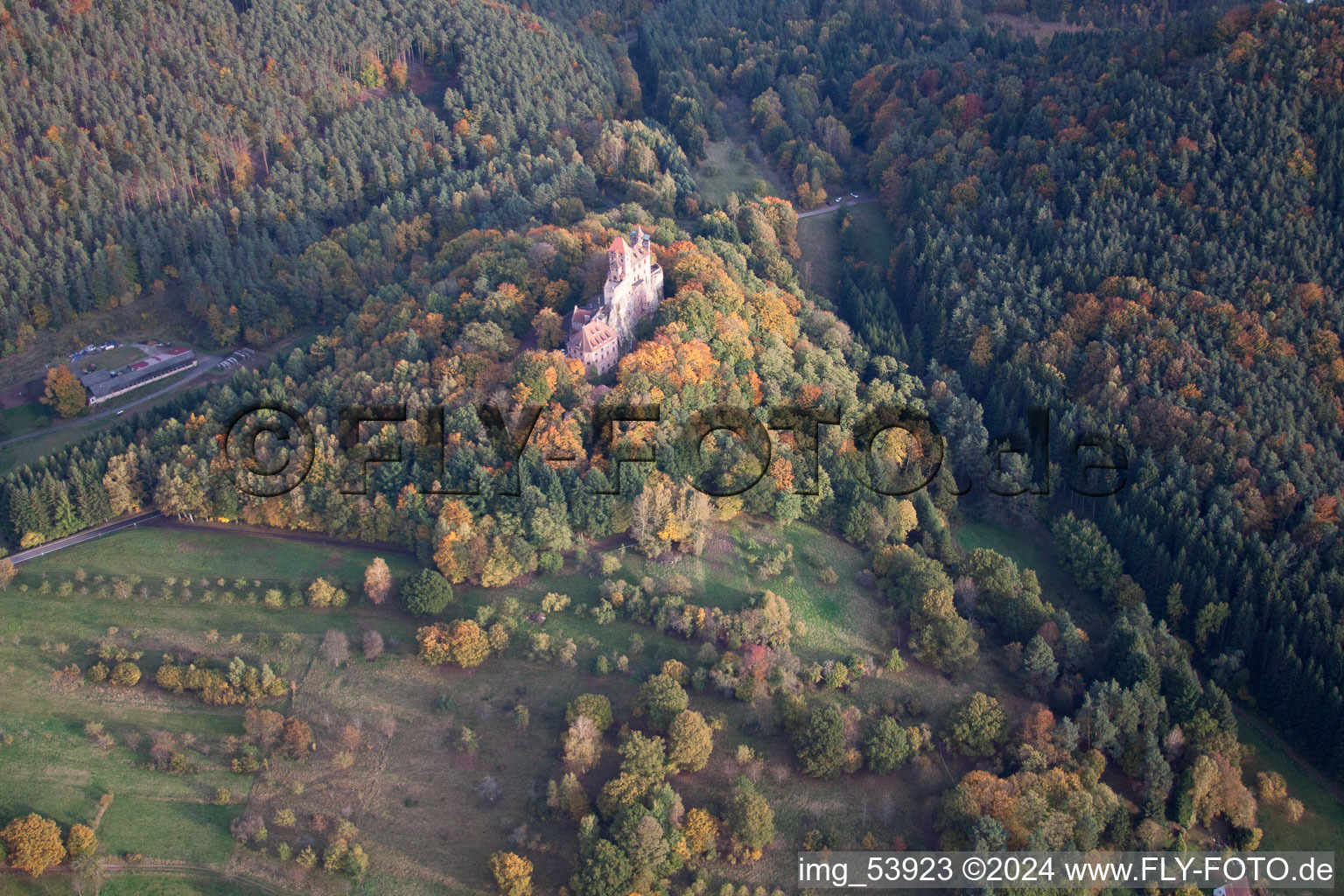 Berwartstein Castle in Erlenbach bei Dahn in the state Rhineland-Palatinate, Germany seen from a drone