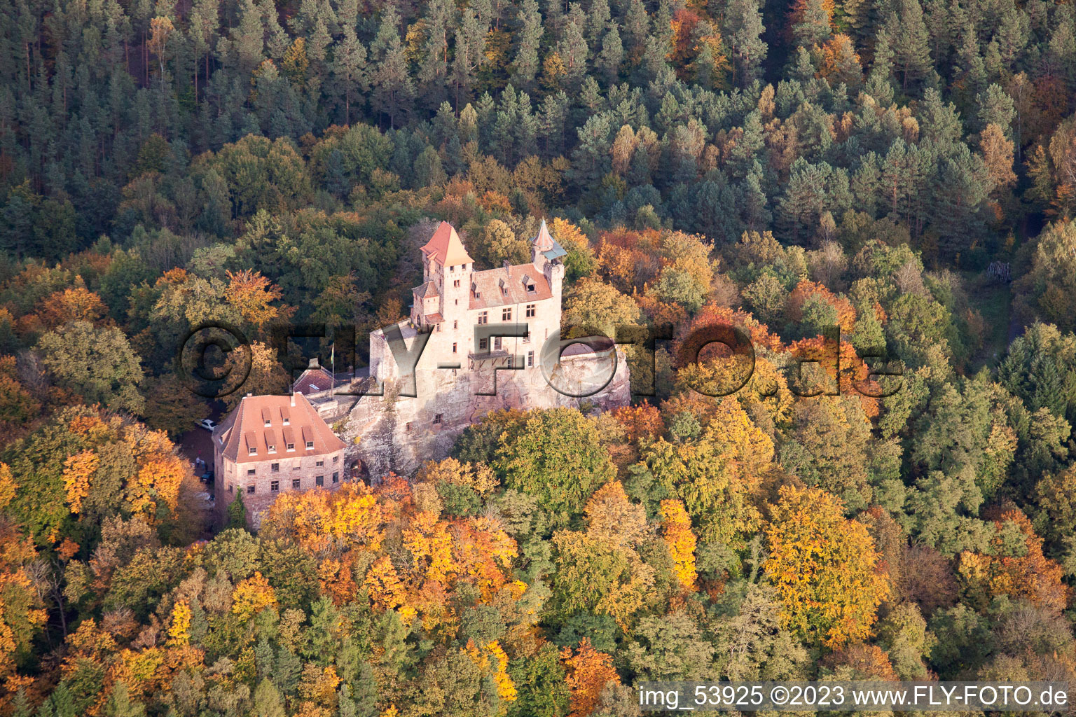 Aerial view of Berwartstein Castle in Erlenbach bei Dahn in the state Rhineland-Palatinate, Germany