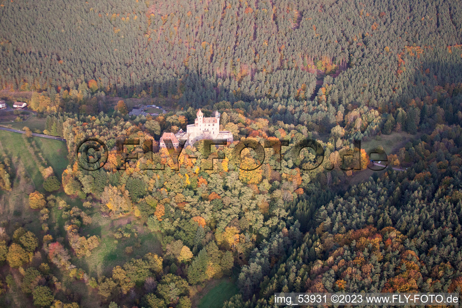 Aerial photograpy of Berwartstein Castle in Erlenbach bei Dahn in the state Rhineland-Palatinate, Germany