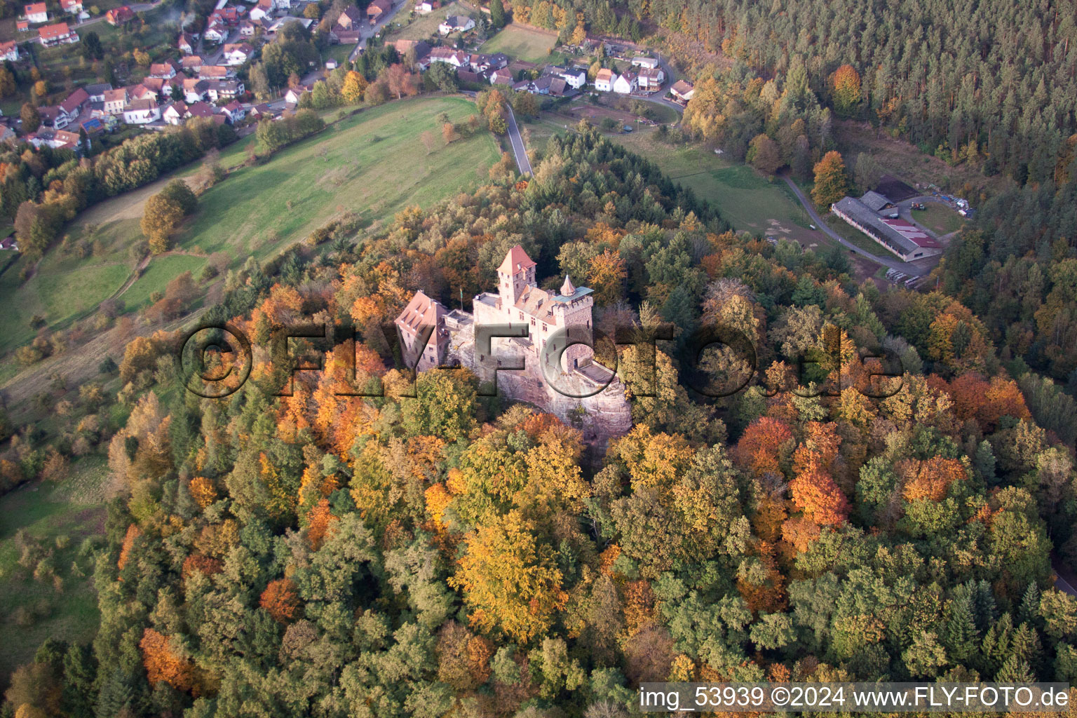 Berwartstein Castle in Erlenbach bei Dahn in the state Rhineland-Palatinate, Germany from above