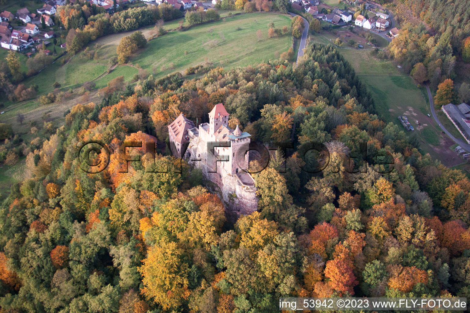 Berwartstein Castle in Erlenbach bei Dahn in the state Rhineland-Palatinate, Germany out of the air