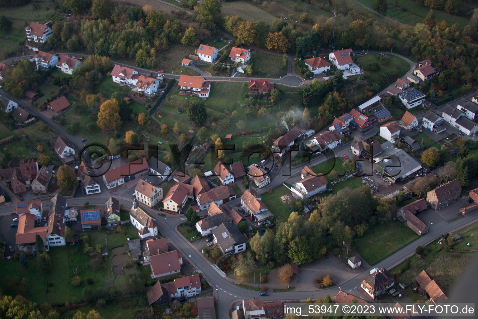 Aerial view of Erlenbach bei Dahn in the state Rhineland-Palatinate, Germany