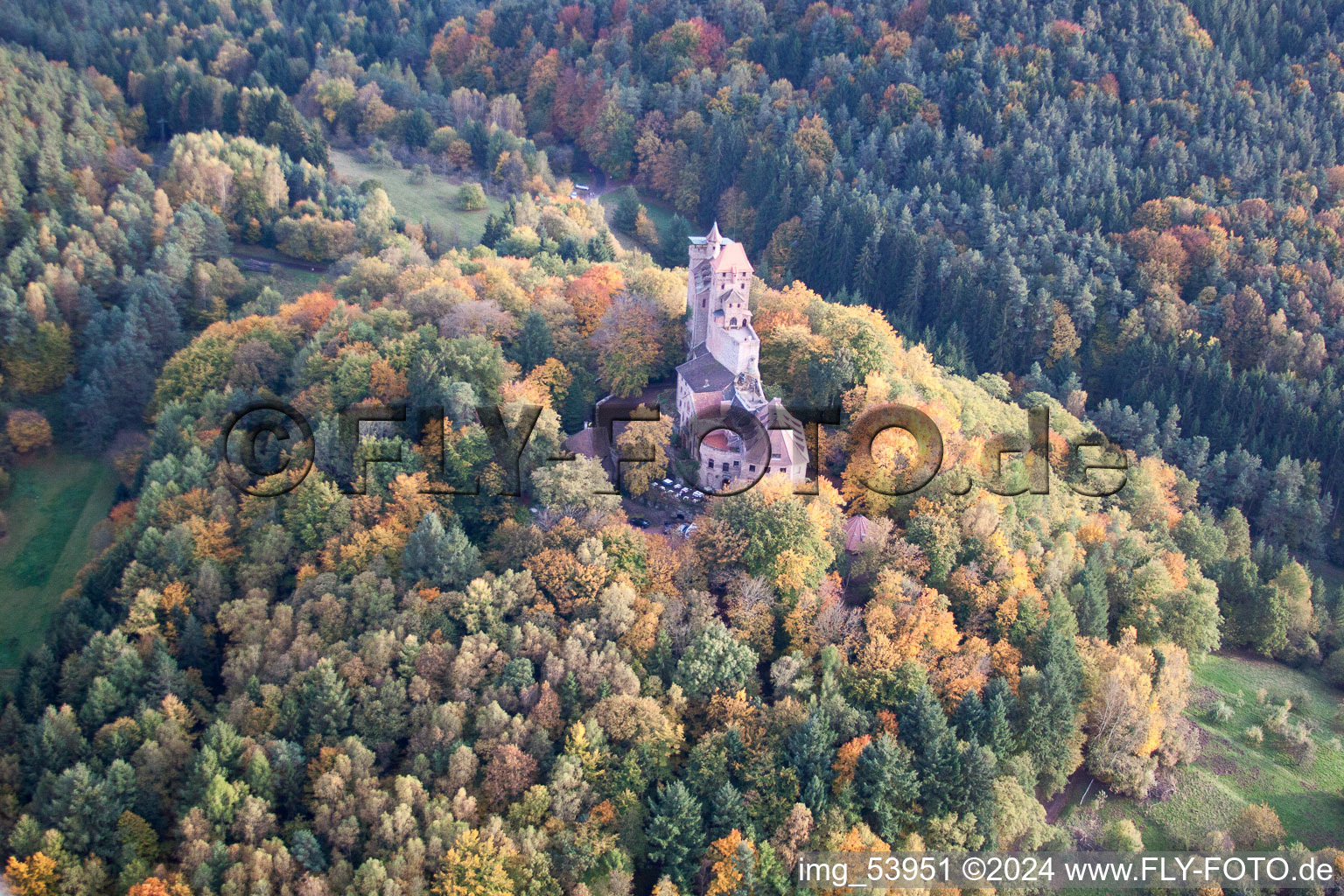 Berwartstein Castle in Erlenbach bei Dahn in the state Rhineland-Palatinate, Germany seen from above