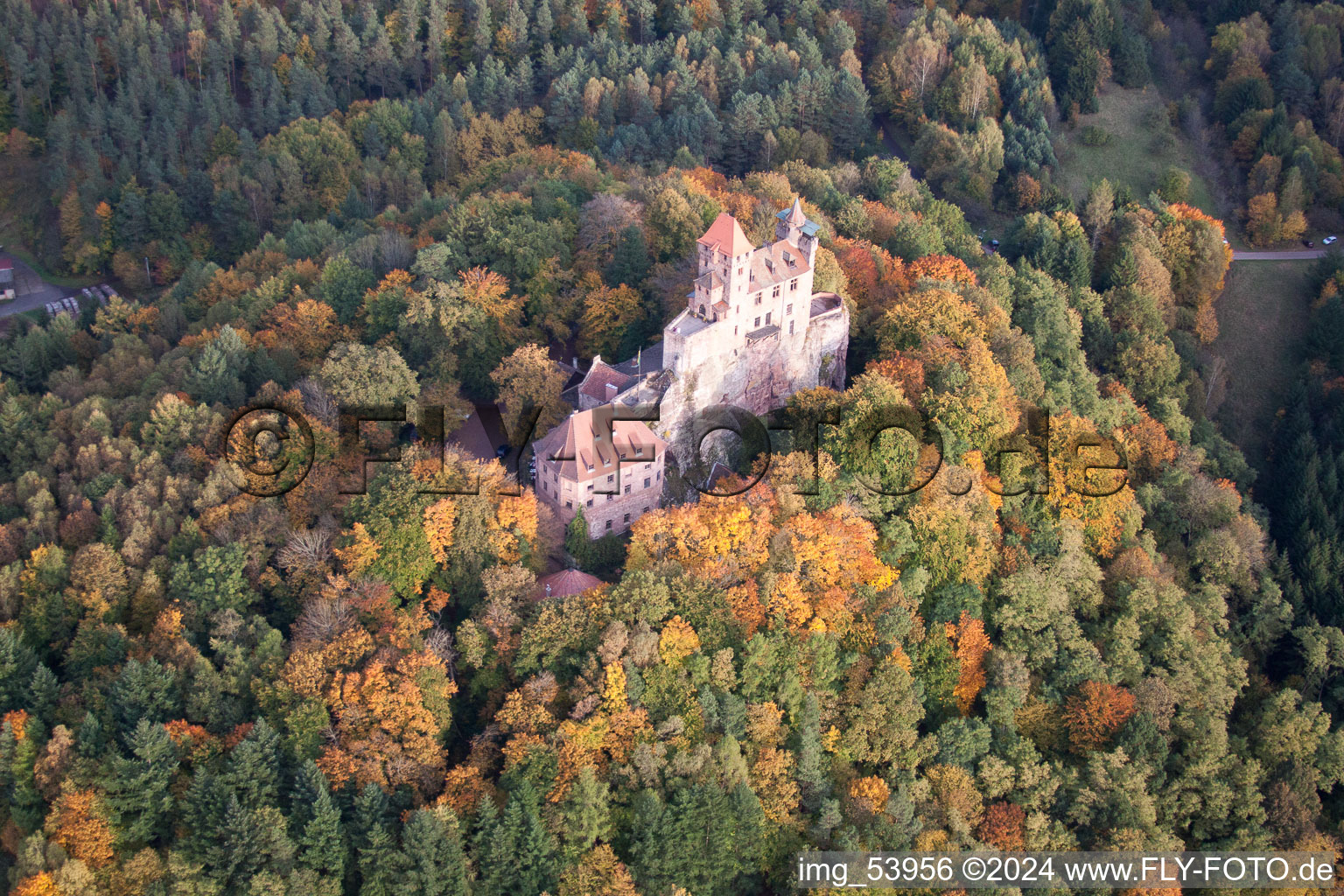 Berwartstein Castle in Erlenbach bei Dahn in the state Rhineland-Palatinate, Germany from the plane