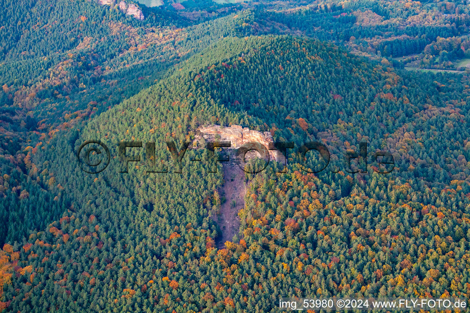 Aerial view of Rötzenfelsen in the district Gossersweiler in Gossersweiler-Stein in the state Rhineland-Palatinate, Germany