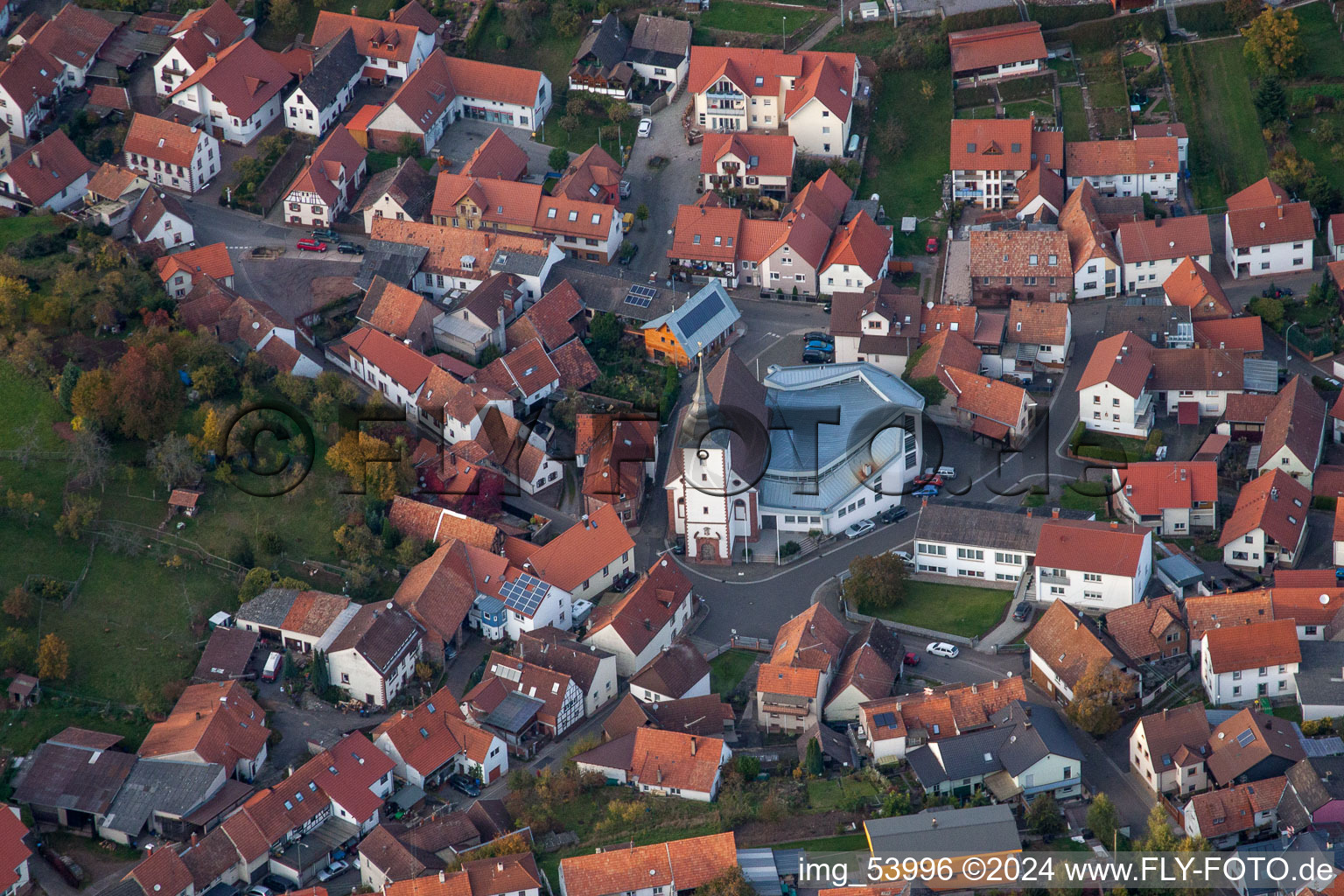 Oblique view of Church of St. Cyriacus in the district Gossersweiler in Gossersweiler-Stein in the state Rhineland-Palatinate, Germany