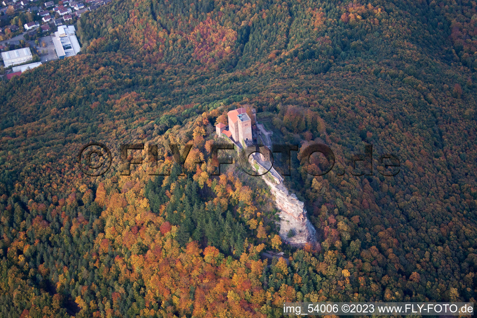 Aerial view of Annweiler, Trifel Castle in Annweiler am Trifels in the state Rhineland-Palatinate, Germany