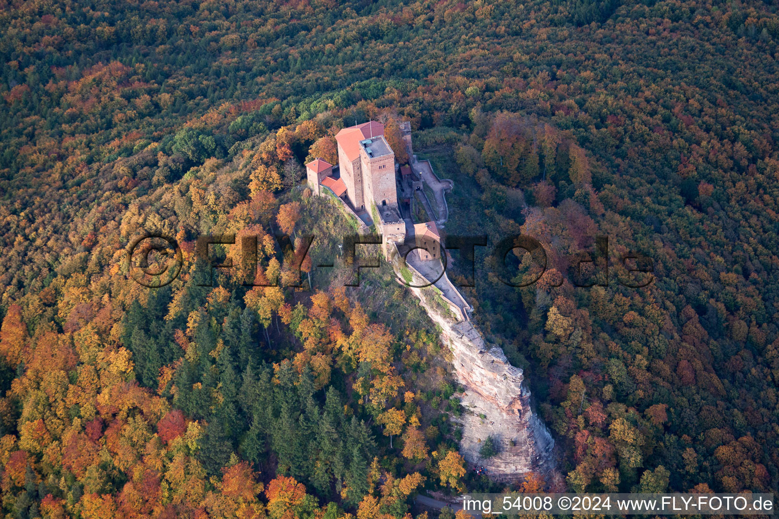 Aerial photograpy of Annweiler, Trifels Castle in Annweiler am Trifels in the state Rhineland-Palatinate, Germany