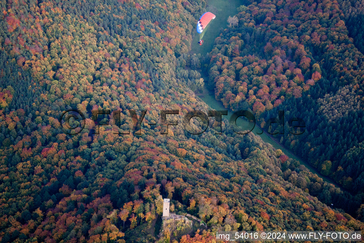 Scharfenberg Castle Ruins, called "Münz in Leinsweiler in the state Rhineland-Palatinate, Germany from above