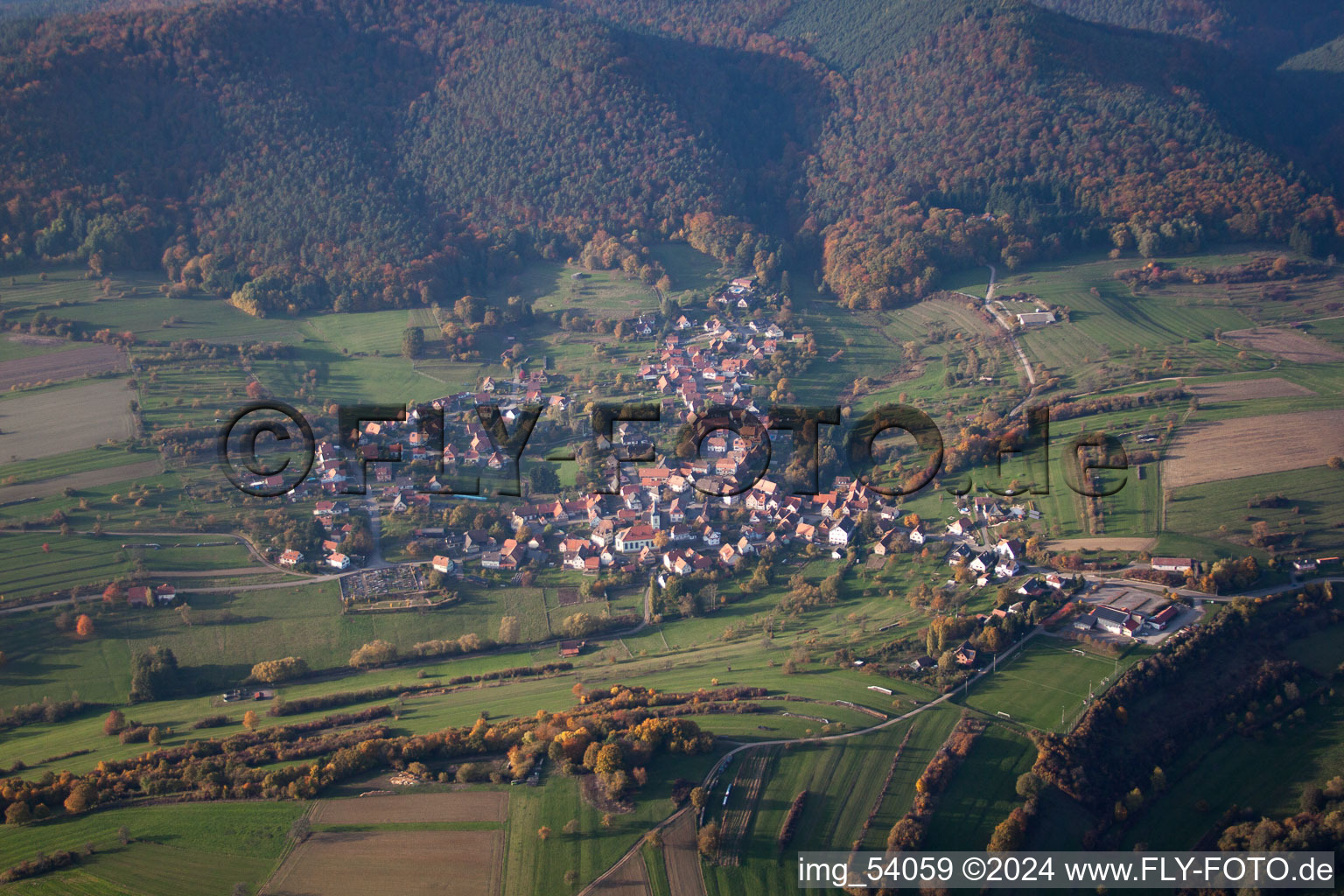 Aerial view of Wingen in the state Bas-Rhin, France