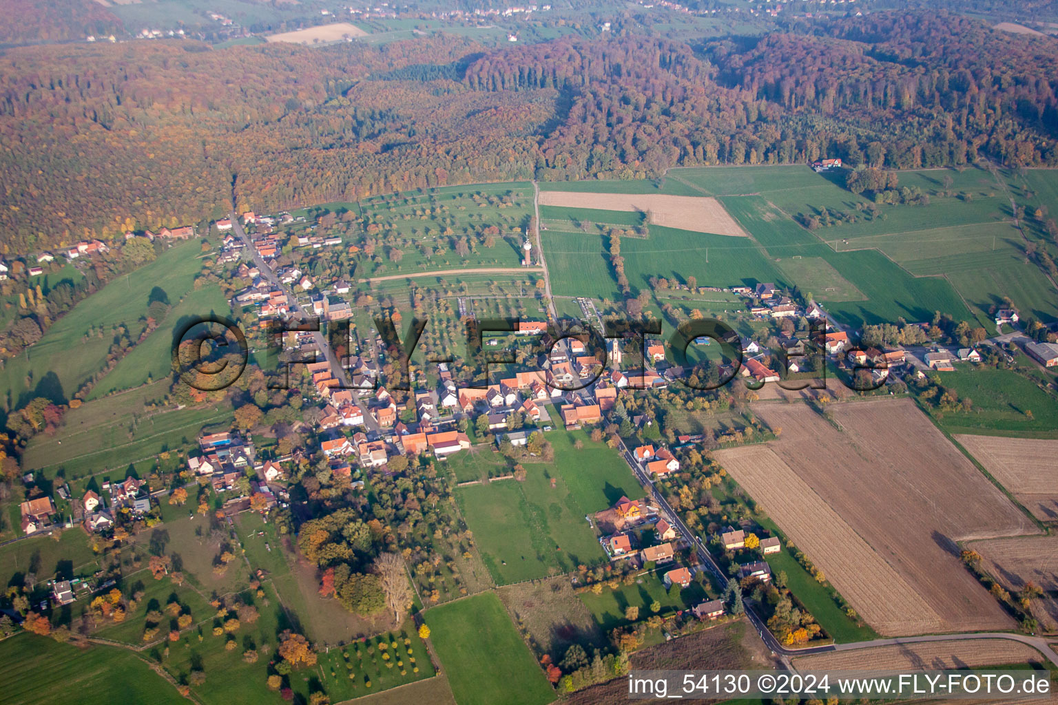 Aerial view of Nehwiller-près-Wœrth in the state Bas-Rhin, France