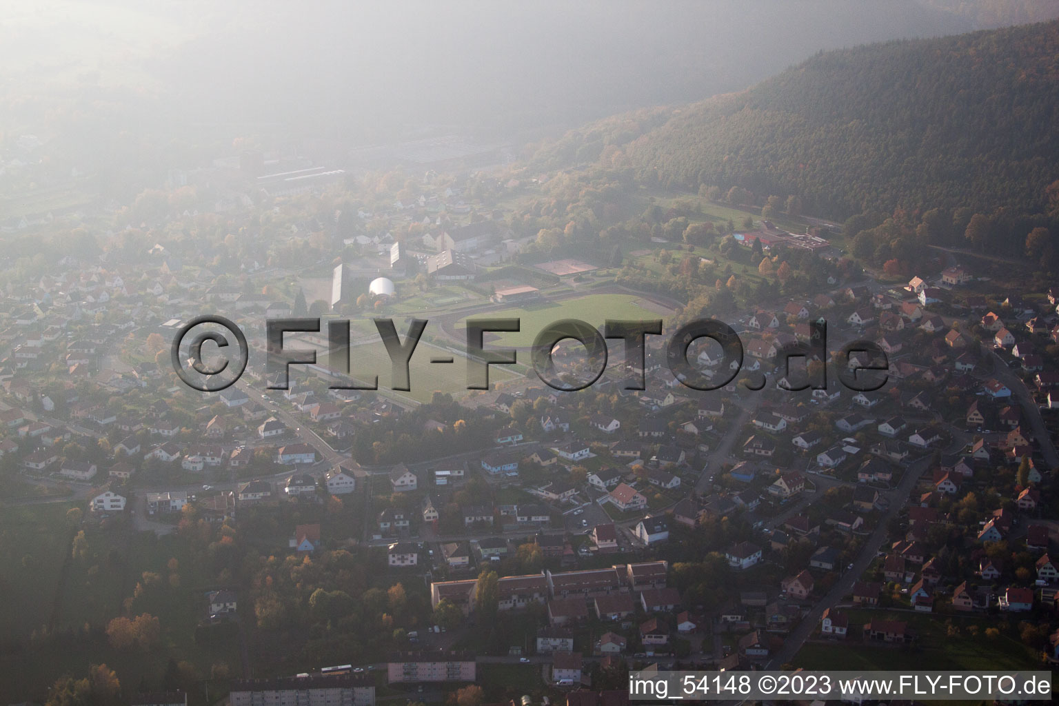 Niederbronn-les-Bains in the state Bas-Rhin, France viewn from the air