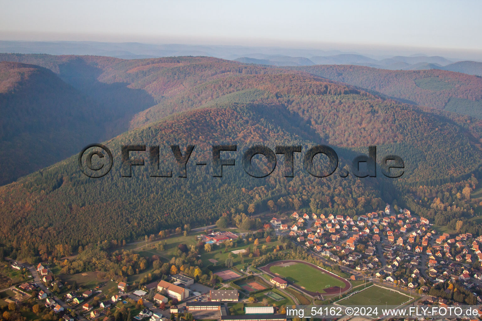 Niederbronn-les-Bains in the state Bas-Rhin, France seen from above