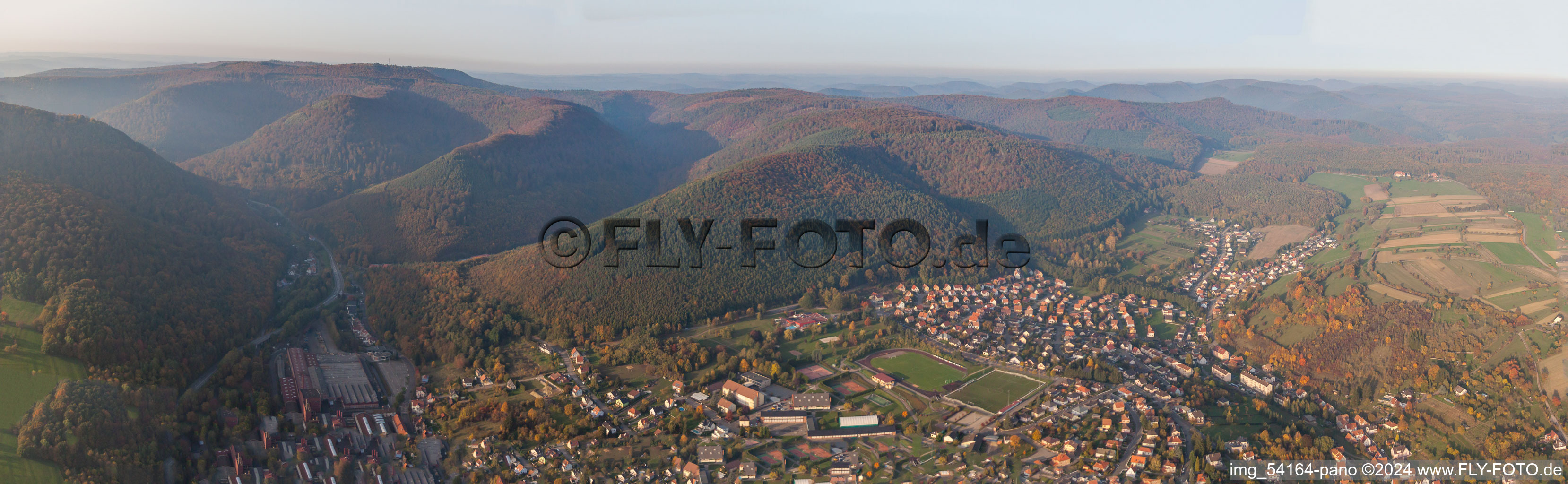 Aerial view of Panorama in Niederbronn-les-Bains in the state Bas-Rhin, France