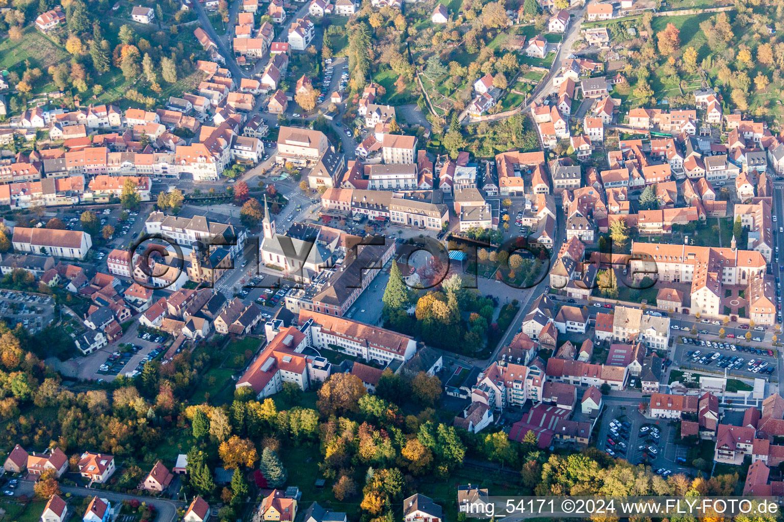 Aerial view of Spa and swimming pools at the swimming pool of the leisure facility Casino BarriA?re Niederbronn in Niederbronn-les-Bains in Grand Est, France