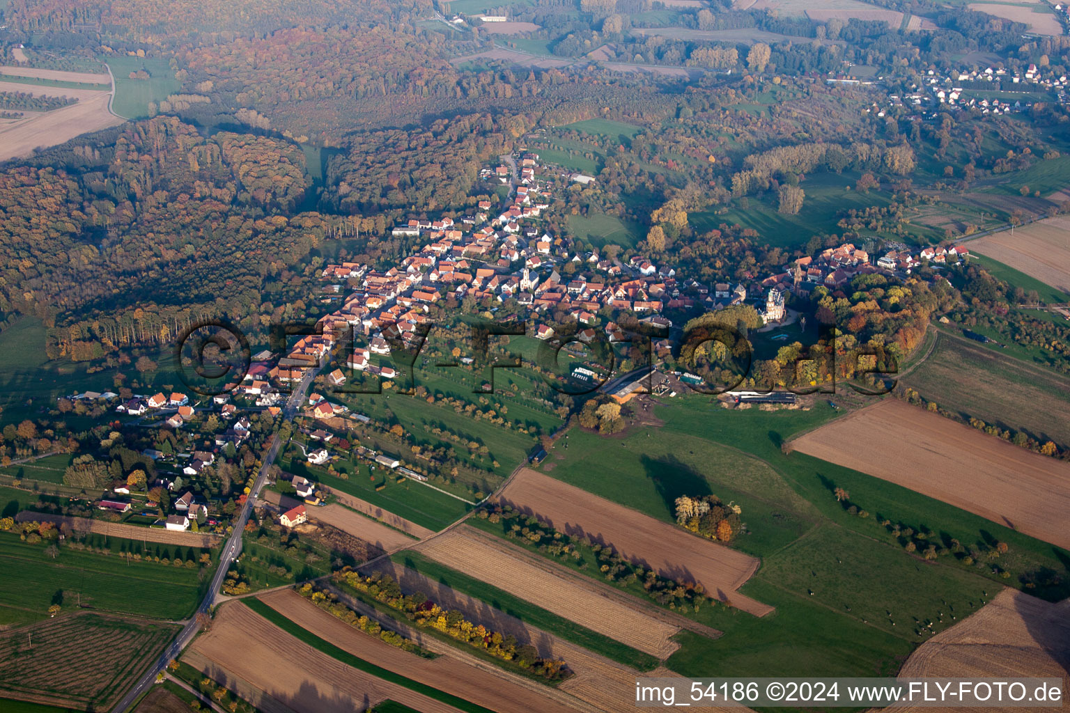 Frœschwiller in the state Bas-Rhin, France seen from above