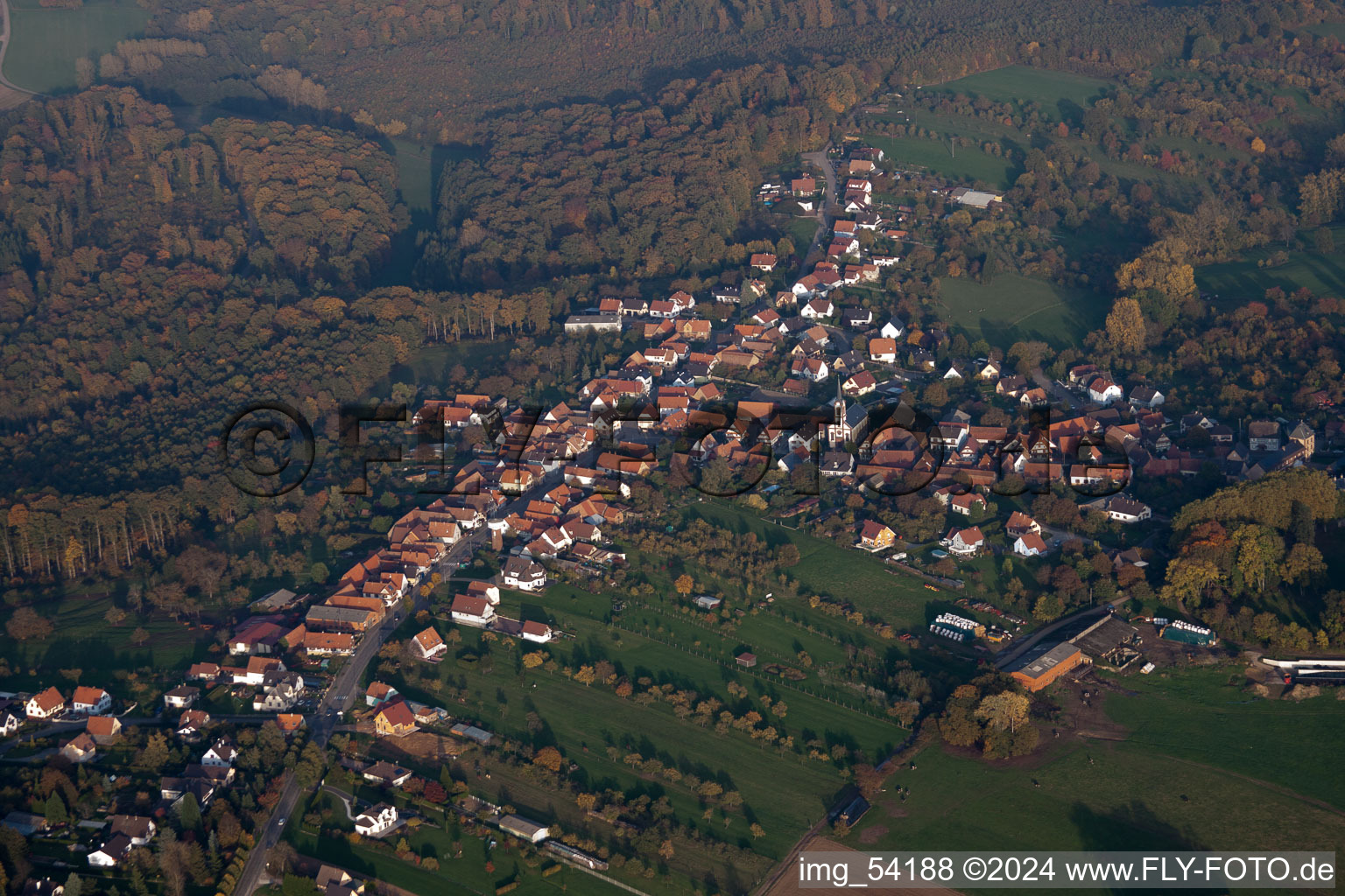 Bird's eye view of Frœschwiller in the state Bas-Rhin, France