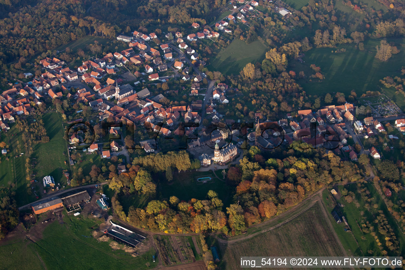 Aerial photograpy of Gœrsdorf in the state Bas-Rhin, France