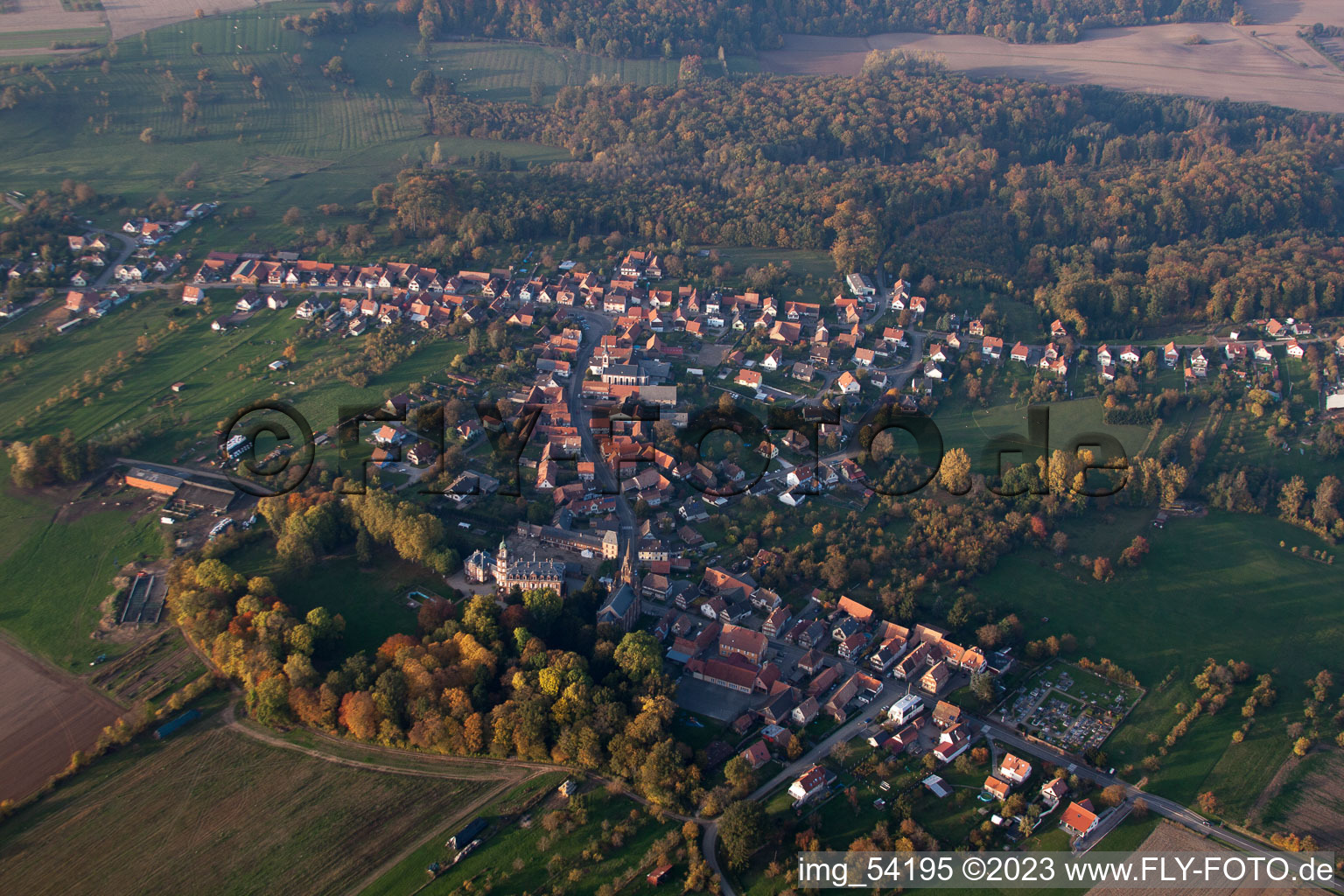 Aerial photograpy of Gœrsdorf in the state Bas-Rhin, France