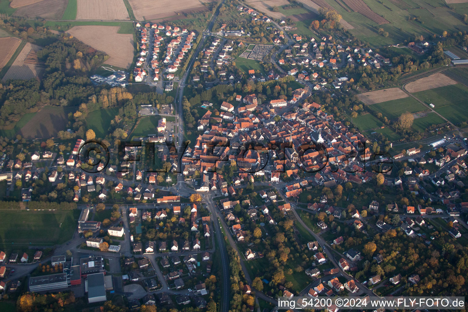 Aerial view of Wœrth in the state Bas-Rhin, France