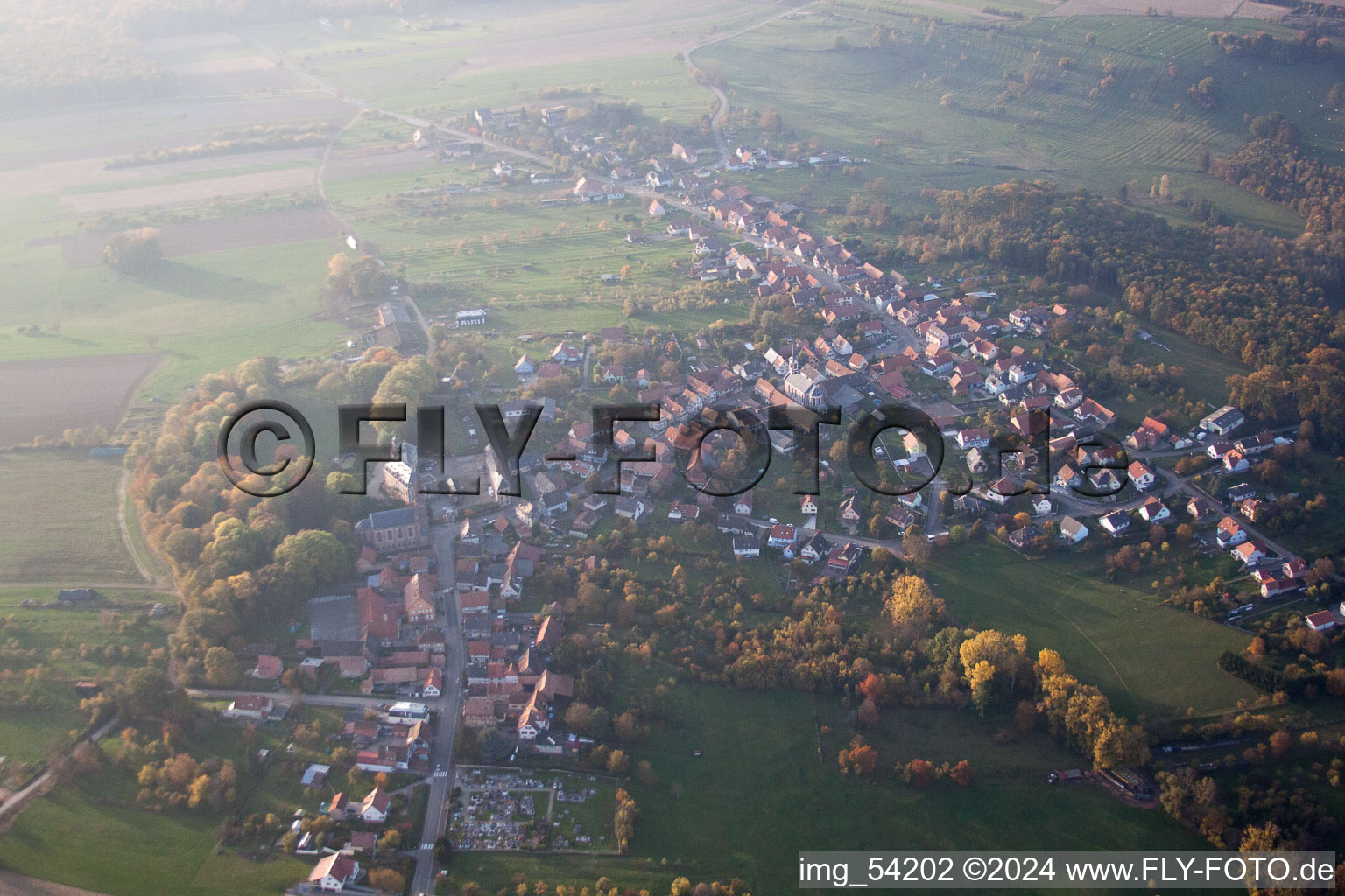 Gœrsdorf in the state Bas-Rhin, France from above