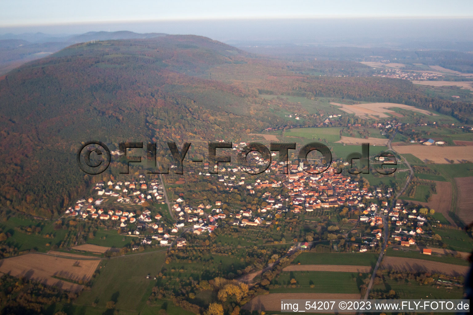 Gœrsdorf in the state Bas-Rhin, France from above