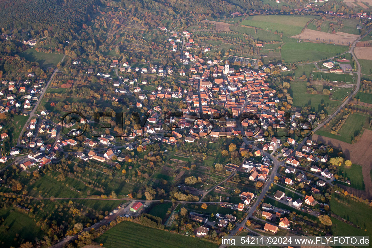 Gœrsdorf in the state Bas-Rhin, France from the plane