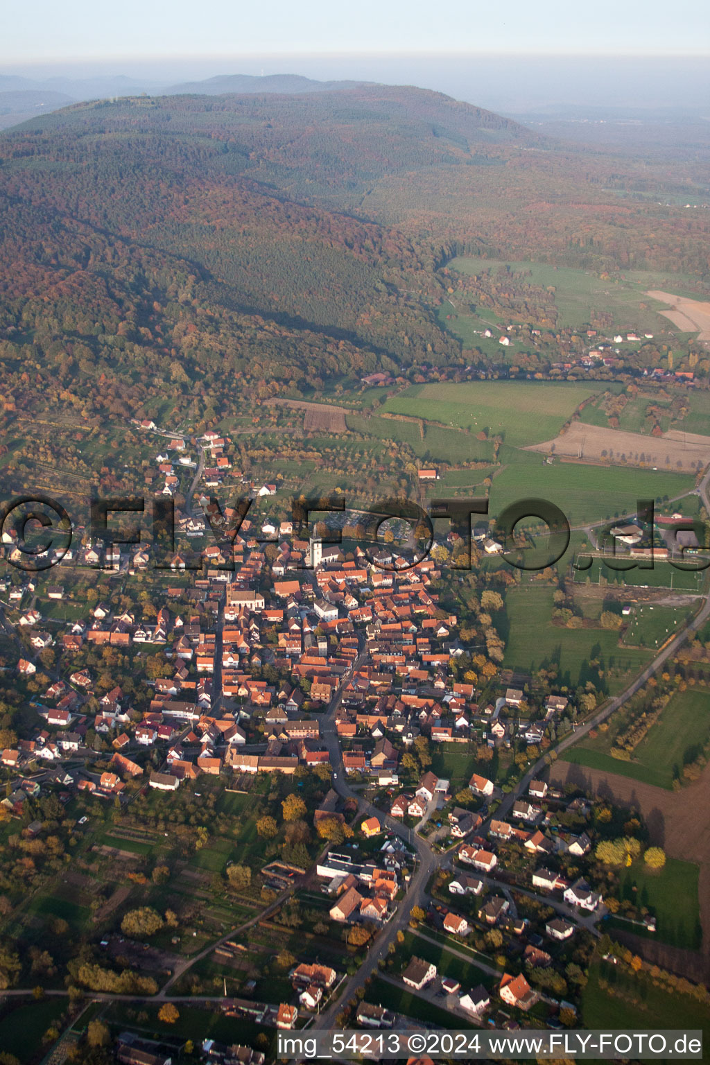 Bird's eye view of Gœrsdorf in the state Bas-Rhin, France