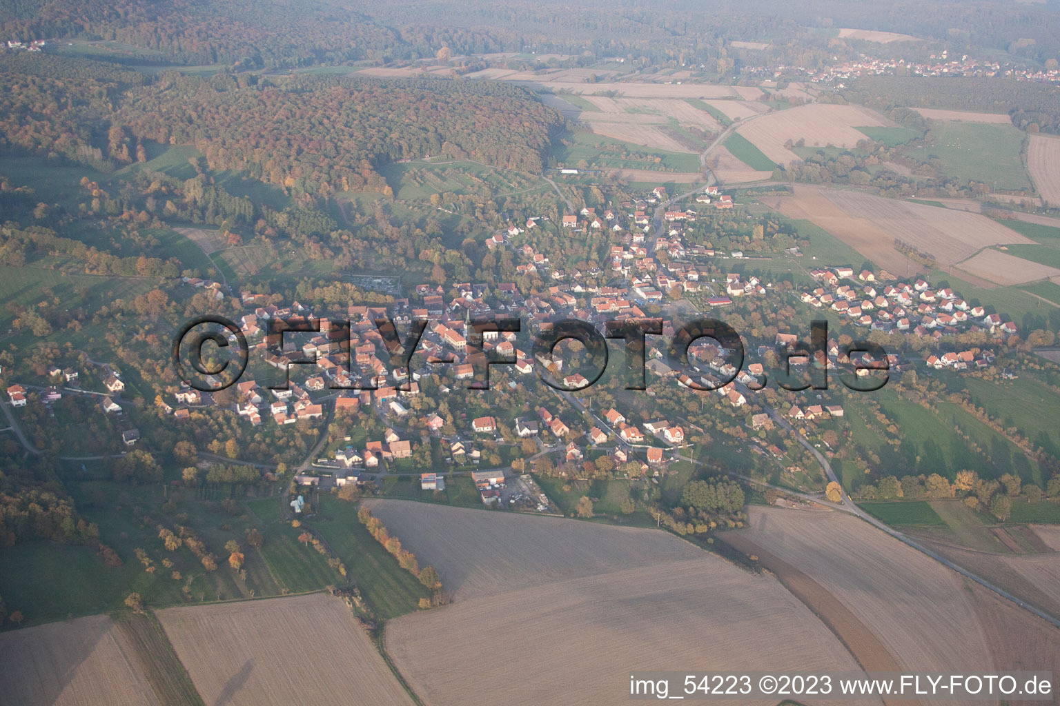Preuschdorf in the state Bas-Rhin, France seen from a drone