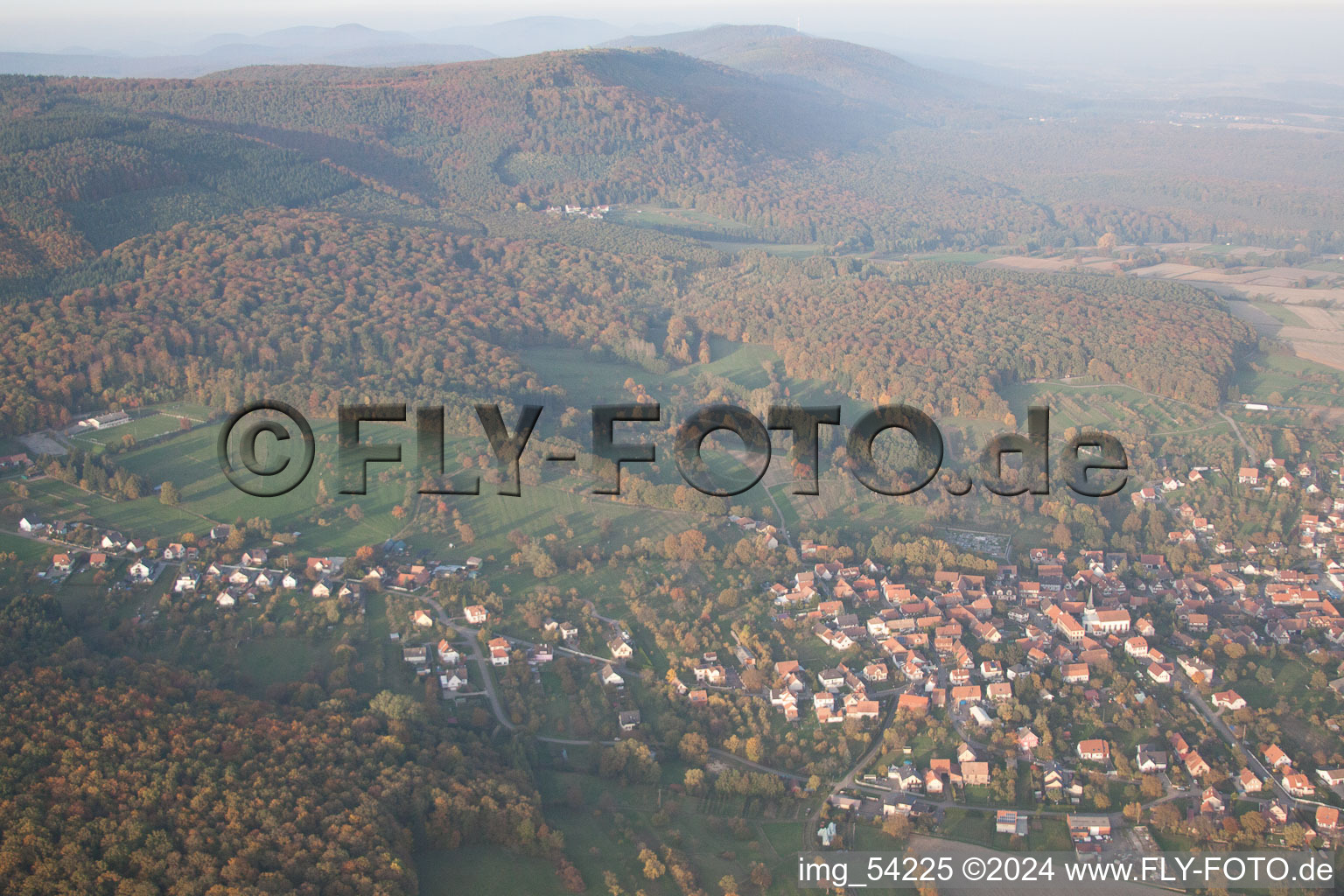 Aerial view of Preuschdorf in the state Bas-Rhin, France