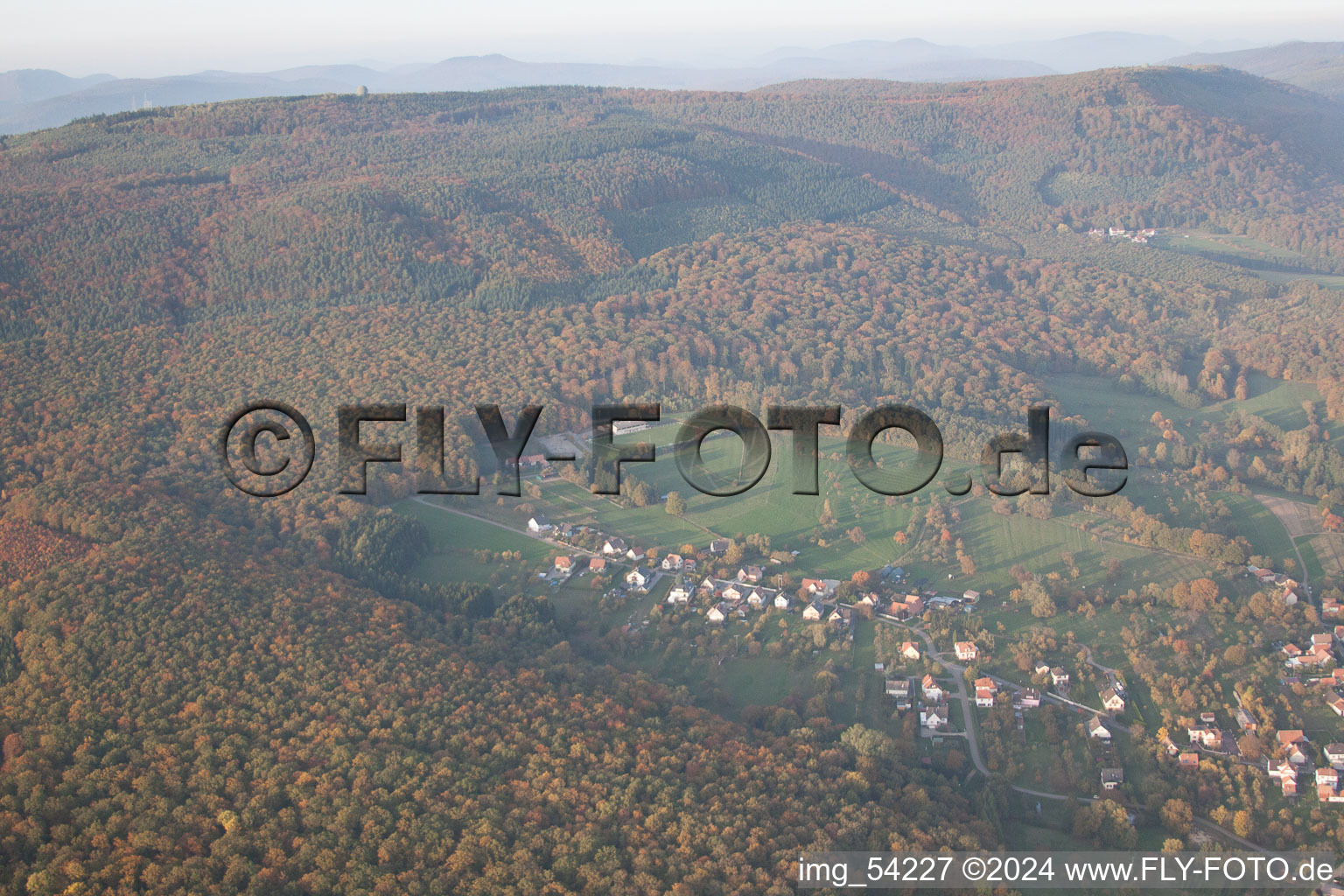 Preuschdorf in the state Bas-Rhin, France from above