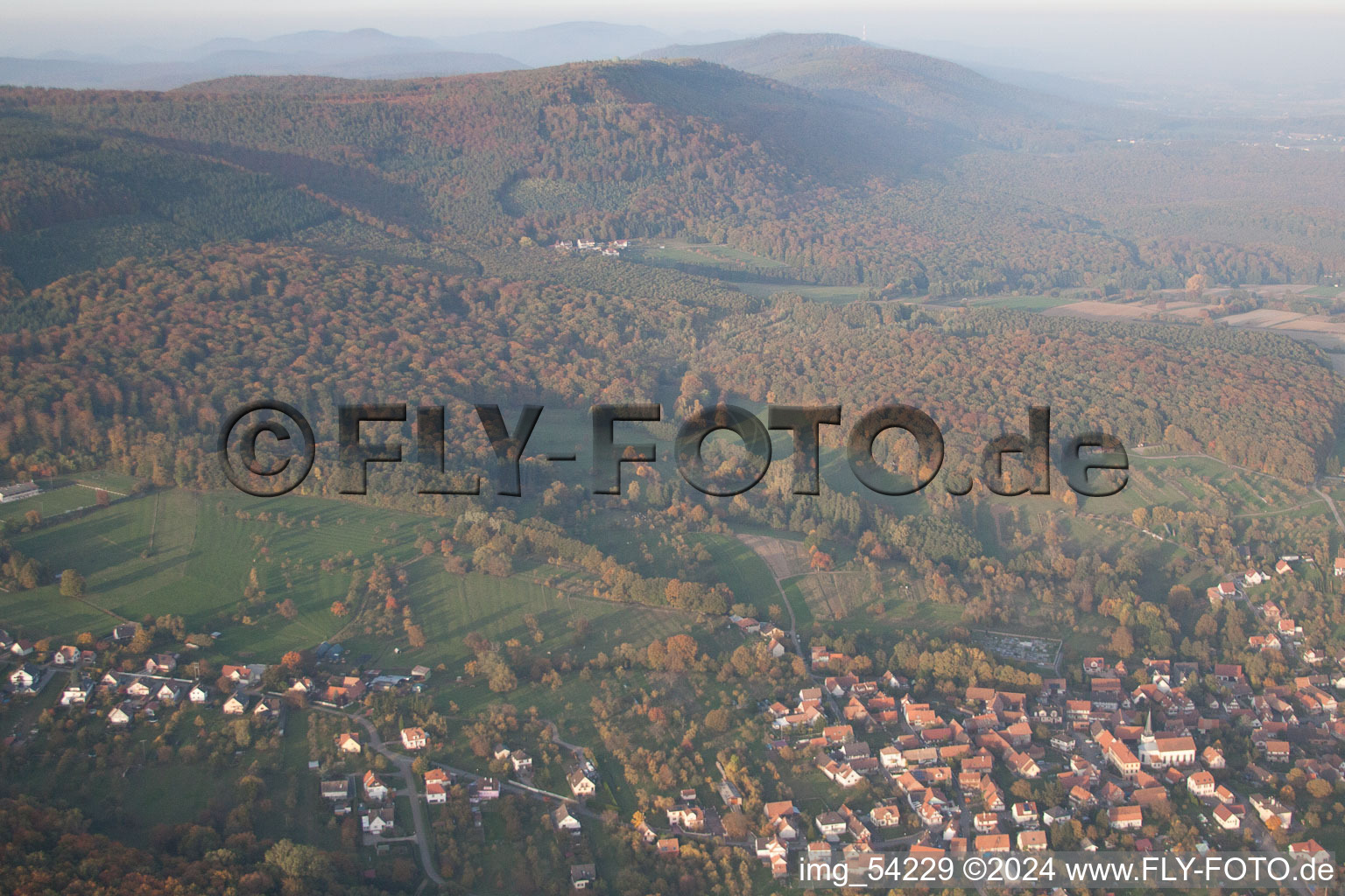 Preuschdorf in the state Bas-Rhin, France seen from above