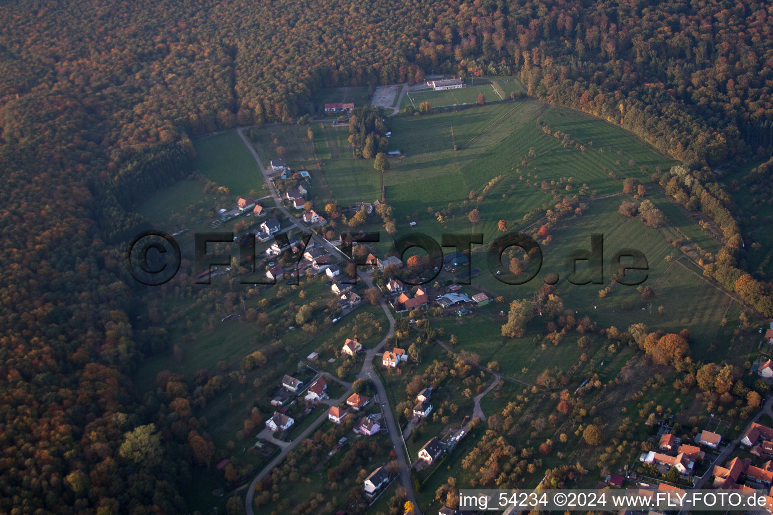 Lampertsloch in the state Bas-Rhin, France from the drone perspective