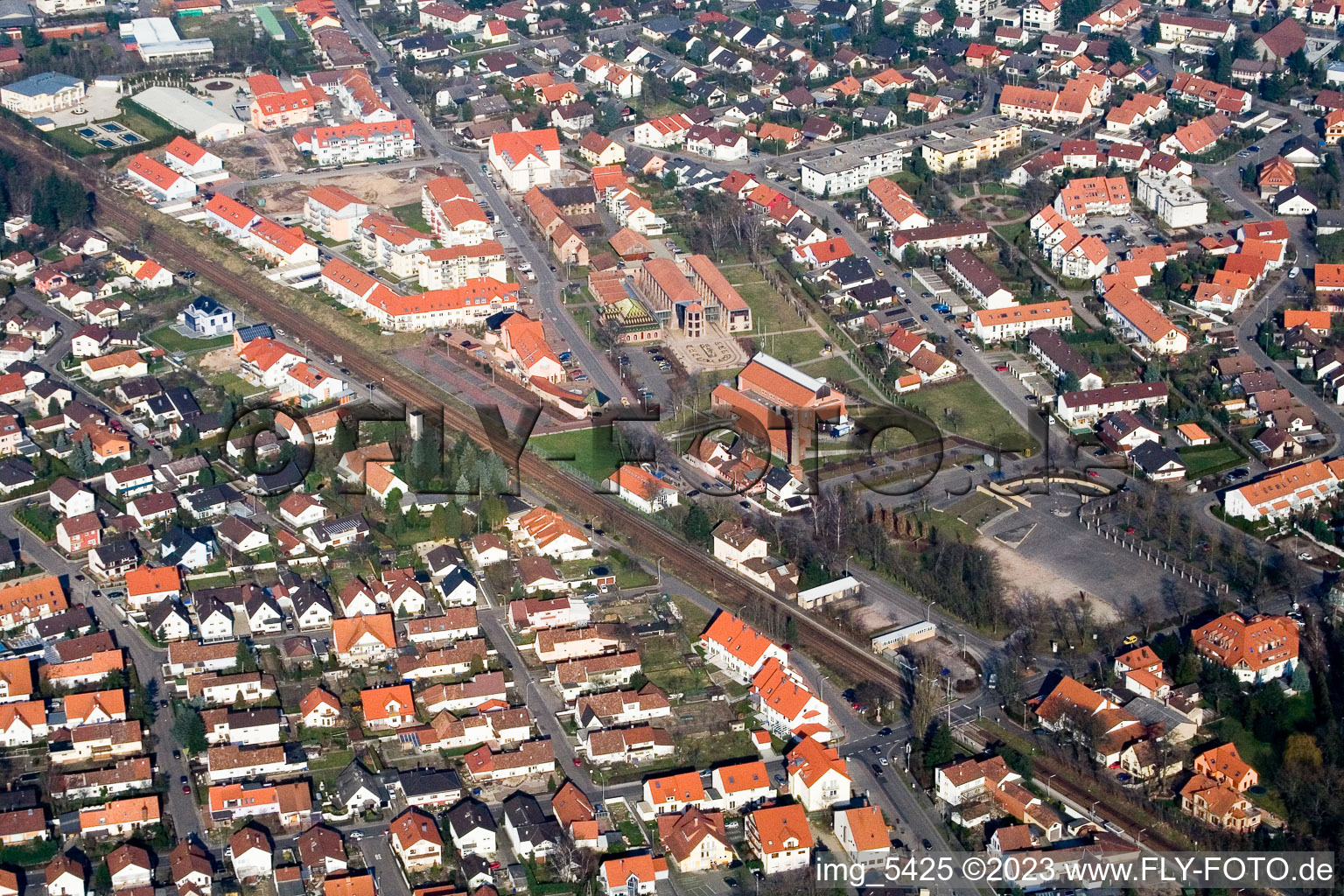 Aerial view of Brickworks Museum, festival hall from the southwest in Jockgrim in the state Rhineland-Palatinate, Germany