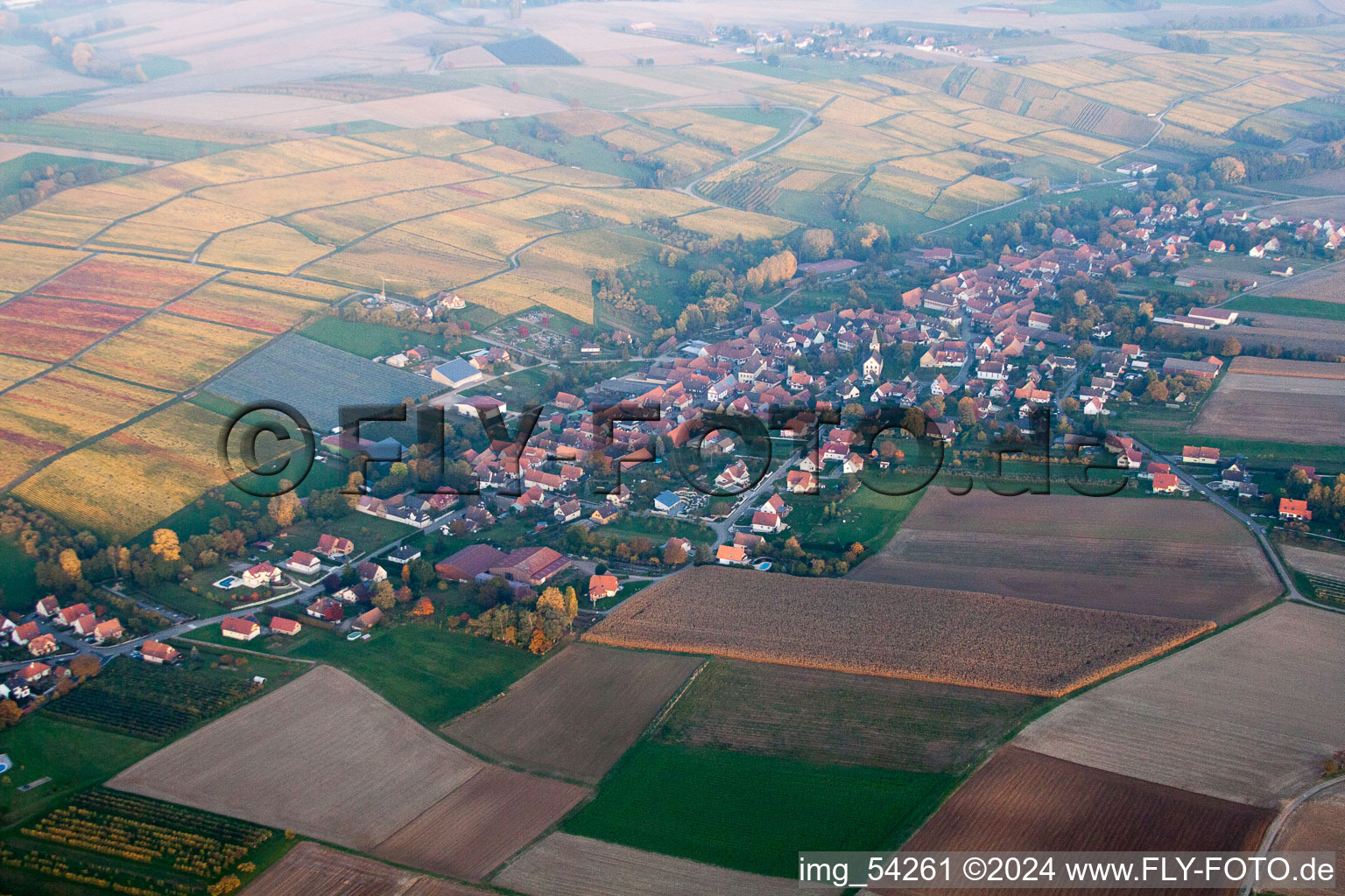 Oberhoffen-lès-Wissembourg in the state Bas-Rhin, France seen from a drone