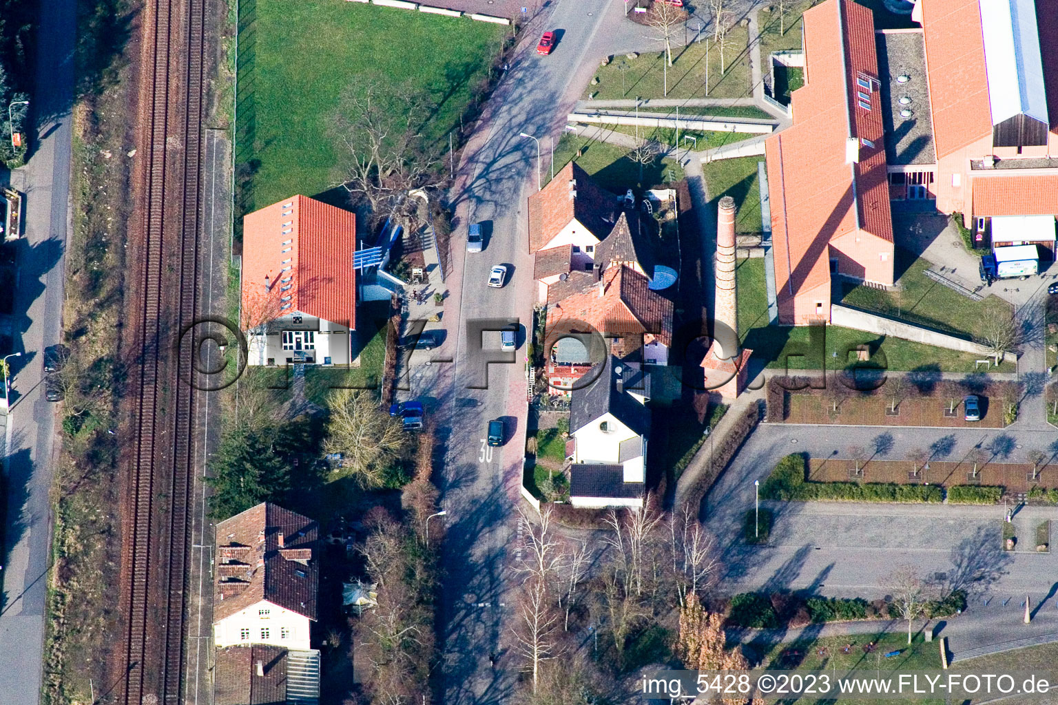 Aerial view of Festival hall from the southwest in Jockgrim in the state Rhineland-Palatinate, Germany