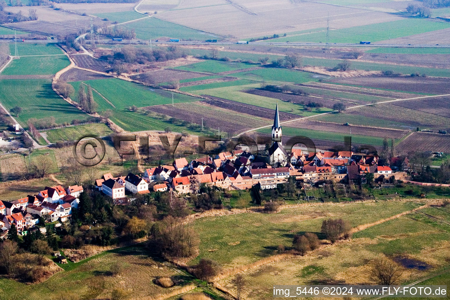 Aerial view of Church building in Am Hinterstaedtl Old Town- center of downtown in Jockgrim in the state Rhineland-Palatinate