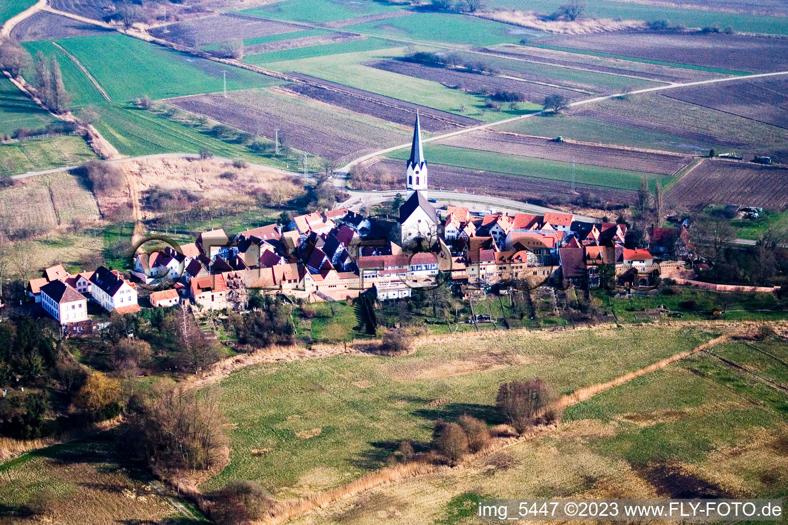 Historic village centre from the east in Jockgrim in the state Rhineland-Palatinate, Germany