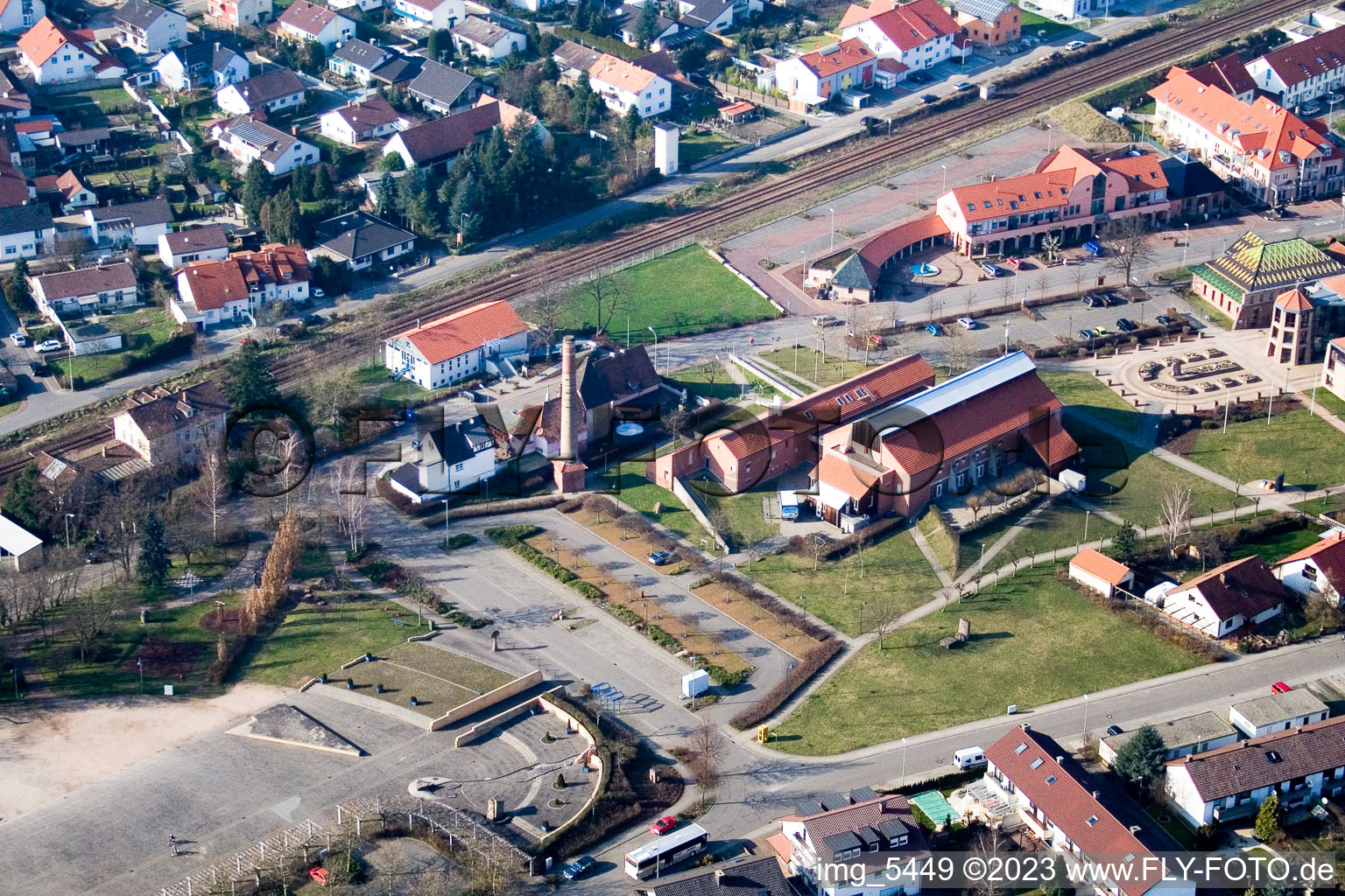 Aerial view of Festival hall from the southeast in Jockgrim in the state Rhineland-Palatinate, Germany