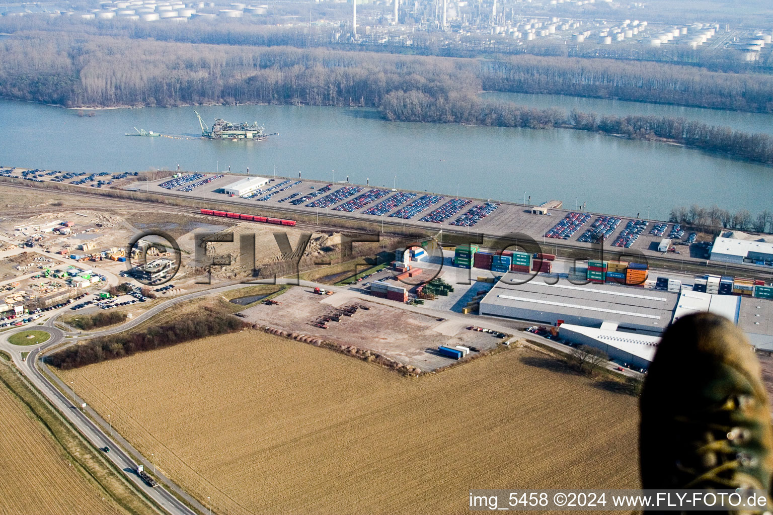 Aerial view of Container port in Wörth am Rhein in the state Rhineland-Palatinate, Germany