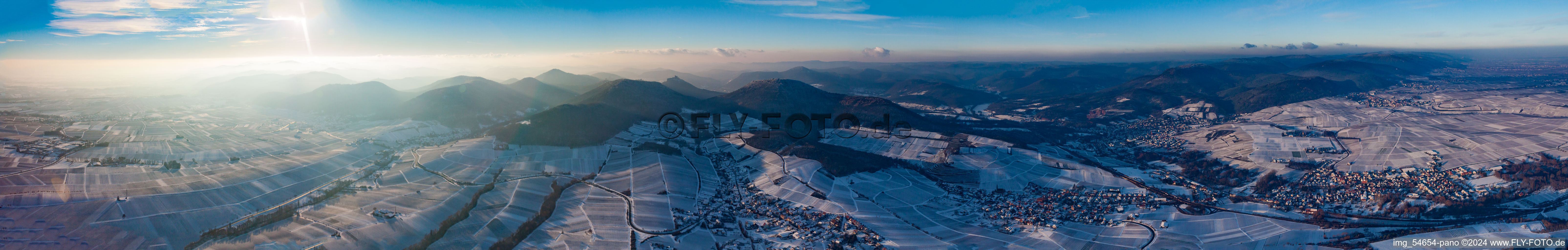 Winter Haardt panorama of the Southern Palatinate from Klingenmünster to Albersweiler in the snow in Ranschbach in the state Rhineland-Palatinate, Germany