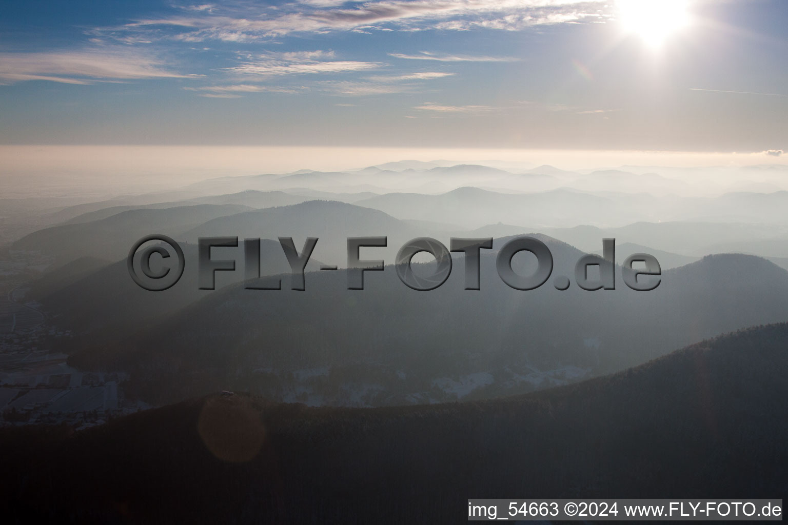 Forest and mountain scenery Pfaelzerwald in evening lightt in near Leinsweiler in the state Rhineland-Palatinate